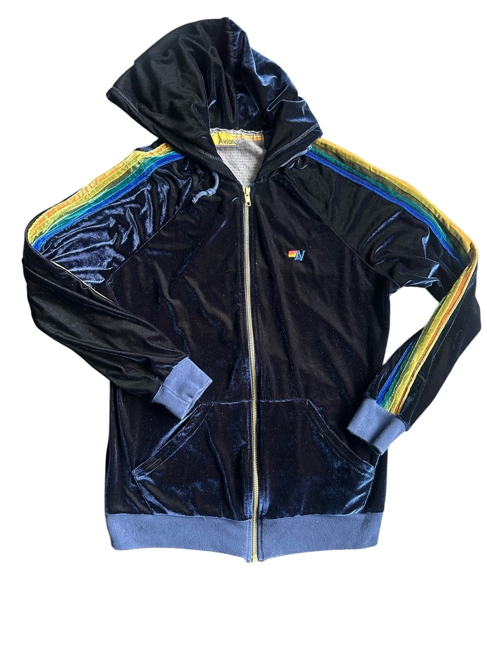 Aviator Nation Navy Velour Hoodie with Yellow & Orange Accent